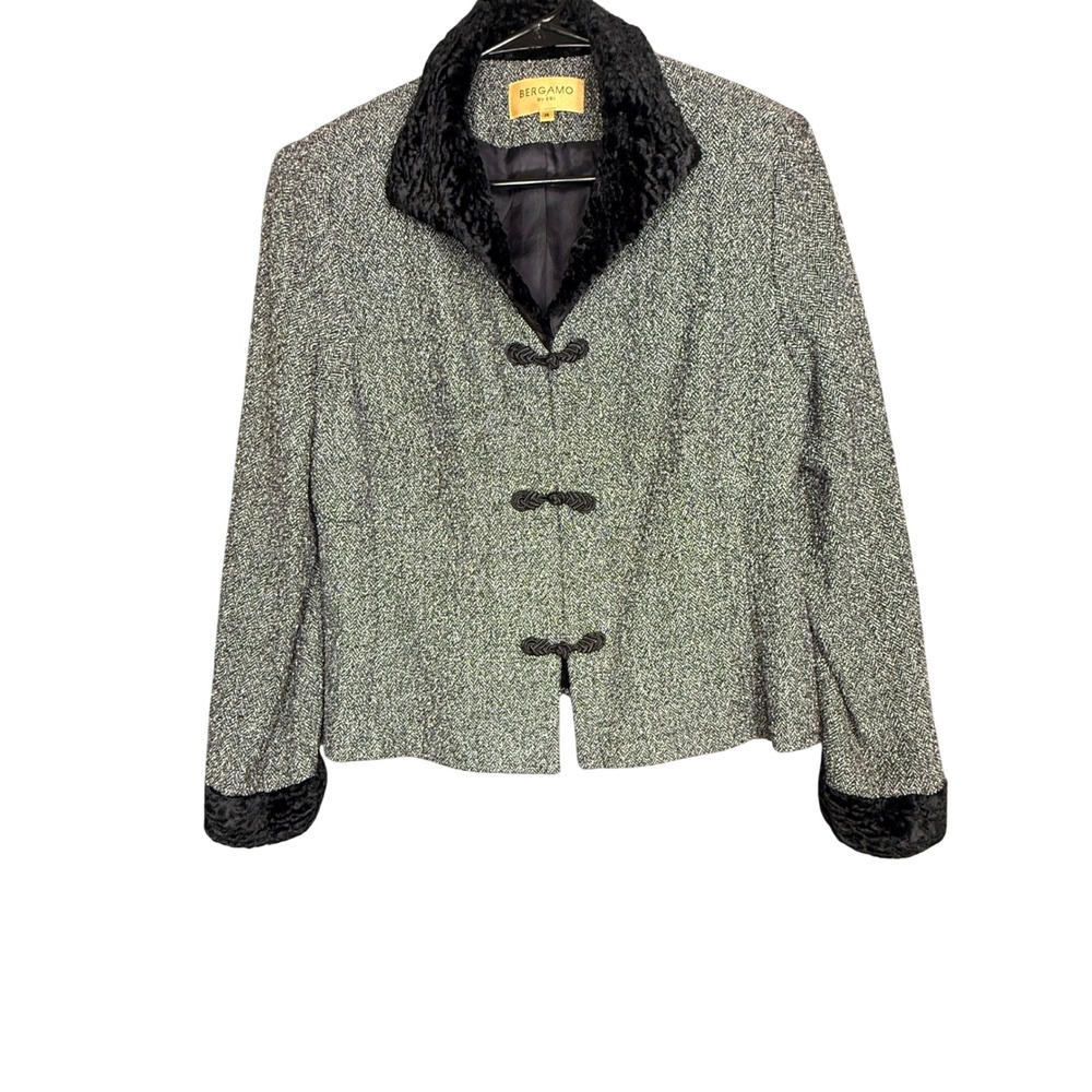 Bergamo by EBI Vintage Herringbone Blazer Faux Fur Trim Frog Toggle Jacket 14